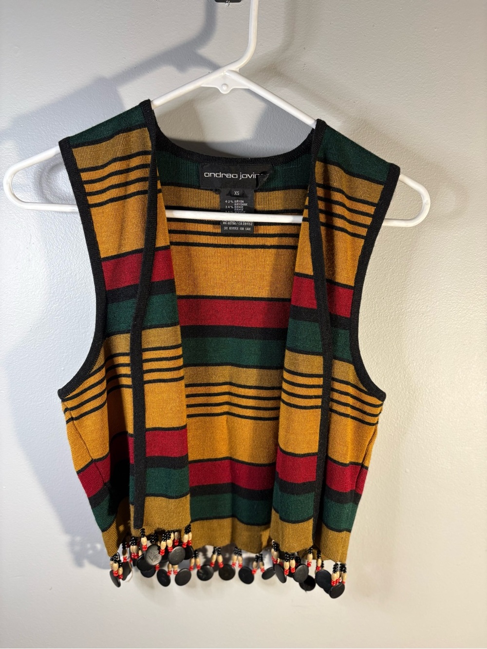 Andrea Jovine Mustard, Green & Red Striped Knit Vest with Beaded Fringe